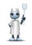 3D illustration of  a little robot chef hold a spatula ready to grill