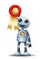 3d illustration of little robot proud achieve medal award