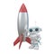 3D Illustration Little Robot Repairs a Rocket