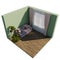 3d illustration of living room with green walls, window and pine bonsai.