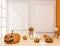 3D illustration of living room Halloween decoration. Pumpkins and b
