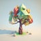 3D illustration of low poly tree background. Tree stones and grass technological nature eco concept