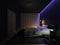 3D illustration luxury minimal black bedroom with wood floor