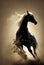 3d illustration of a majestic horse. Detailed close up portrait. Dirt, water, galloping, race. Generative AI illustration