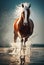 3d illustration of a majestic horse. Detailed close up portrait. Dirt, water, galloping, race. Generative AI illustration
