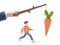 3D illustration of male guy Qadir running for bait,Big hand holds carrots on stick.Incentive concept.