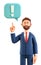 3D illustration of man pointing finger at exclamation mark in speech bubble. Cartoon smiling businessman solving problems