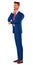 3D illustration of a man wearing glasses, a blue suit, thinking, scratching his chin, trying to find a good idea for