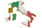 3D illustration of map of Italy in green, white, red of flag, on the left opened gold padlock and bunch of keys, isolated on white