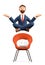 3D illustration of meditating man flying over chair and laptop. Cartoon businessman with closed eyes in yoga lotus position