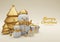 3d illustration Merry Christmas with big and small gold trees, snowman gift boxs and gold confetti