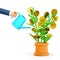 3D illustration of money tree care. Cartoon human hand watering dollar plant with gold coins. Business investment profit