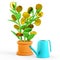 3D illustration of money tree and watering can. Cartoon dollar plant with gold coins, isolated on white. Business investment