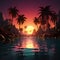 3D illustration Neon sunset, palm trees in a retro album cover