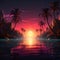 3D illustration Neon sunset, palm trees in a retro album cover