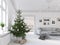 3D-Illustration. new nordic living room with a christmas tree.