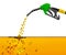 3D illustration, nozzle pumping gasoline in a tank, of fuel nozzle pouring gasoline over white background.