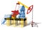 3d illustration. The oil pump. Red, blue, yellow. View 1