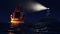 3D Illustration of an old wooden warship sailing by night close to lighthouse