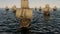 3D Illustration of old wooden warships fleet on the ocean