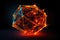 3d illustration of orange neon icosahedron with a fiery neon core, surrounded by a web of pulsing neon lines and
