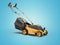 3d illustration of orange professional electric lawnmower with grass box on blue background with shadow