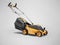 3d illustration of orange professional electric lawnmower with grass box on gray background with shadow