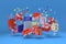 3d illustration. Packages, bags, gifts from the store and snowflakes on a blue background