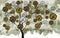 3d illustration painted mural wallpaper. tree with golden and white and brown flowers in light background