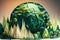 3d illustration of paper cut landscape with planet earth, trees and houses