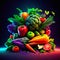 3d illustration of a pile of fresh vegetables on a dark background generative AI