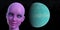 3d illustration of a pink skinned bald female alien with opaque eyes next to a planet