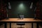 3d illustration of a professional studio with a desk, laptop and microphone, Empty studio without people, Studio for podcasts or