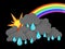 3d illustration of Rainbow, Rainclouds and Sun with water drops on black background