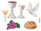 3d illustration realistic isolated christian symbols: white chalice with wine, dove, grapes, bread, ear of wheat