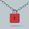 3d illustration of a red padlock hanging on steel chain