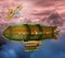 3D Illustration of Retro Steampunk Zeppelin and airplane Scene