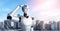 3D illustration robot humanoid looking forward against cityscape skyline