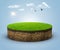 3d illustration of round isometric piece of playground or farm isolated with clouds. slice of green grass with soil section.