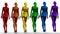 3d illustration. A row of multicolored naked women stand with their backs. Rainbow. metallic.