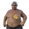 A 3D illustration of a senior overweight man with transparent skin, showcasing an enlarged and obese heart