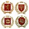 3d illustration set of different heraldic coats of arms. Gold symbols on a red shield