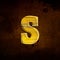 3D illustration shiny yellow iron letter s, rusty metal surfac