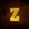 3D illustration shiny yellow iron letter z, rusty metal surfac