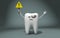 3d illustration. Sick tooth waves an exclamation mark, attracts attention