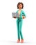 3D illustration of smiling african american woman holding laptop and paper coffee cup. Cute standing elegant businesswoman