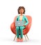 3D illustration of smiling african american woman with laptop sitting in armchair. Cute cartoon elegant businesswoman working in