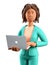 3D illustration of smiling african american woman using laptop. Close up portrait of cartoon working businesswoman