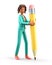 3D illustration of smiling african american woman writing with a big pencil. Cute cartoon elegant businesswoman drawing.