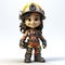 A 3D illustration of a smiling animated child character dressed as a firefighter, complete with orange suit, helmet, and